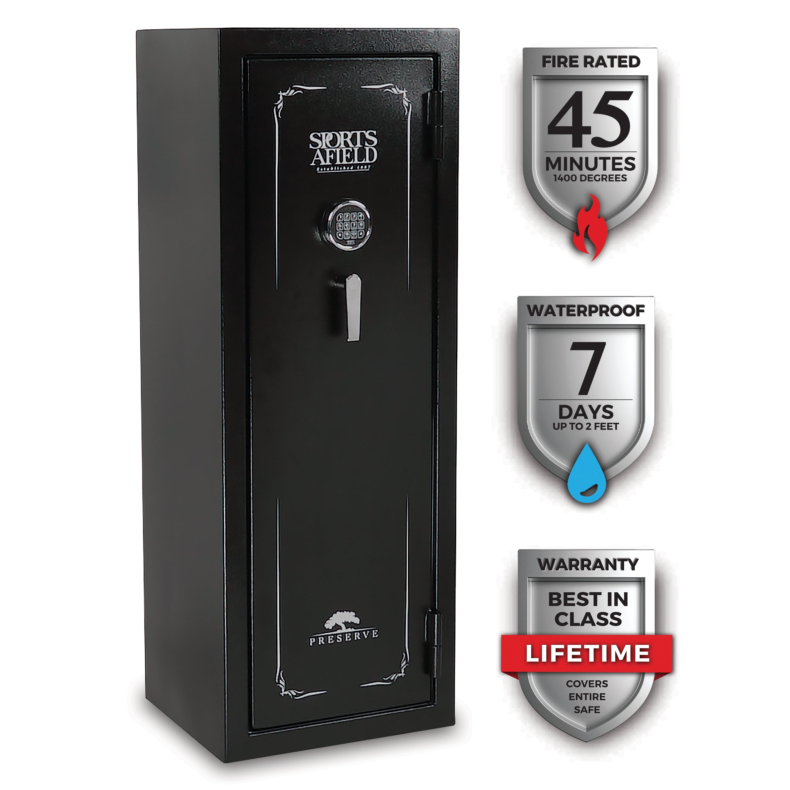 Preserve 18-Gun Fire and Waterproof Gun Safe with Electronic Lock, Black Textured Gloss