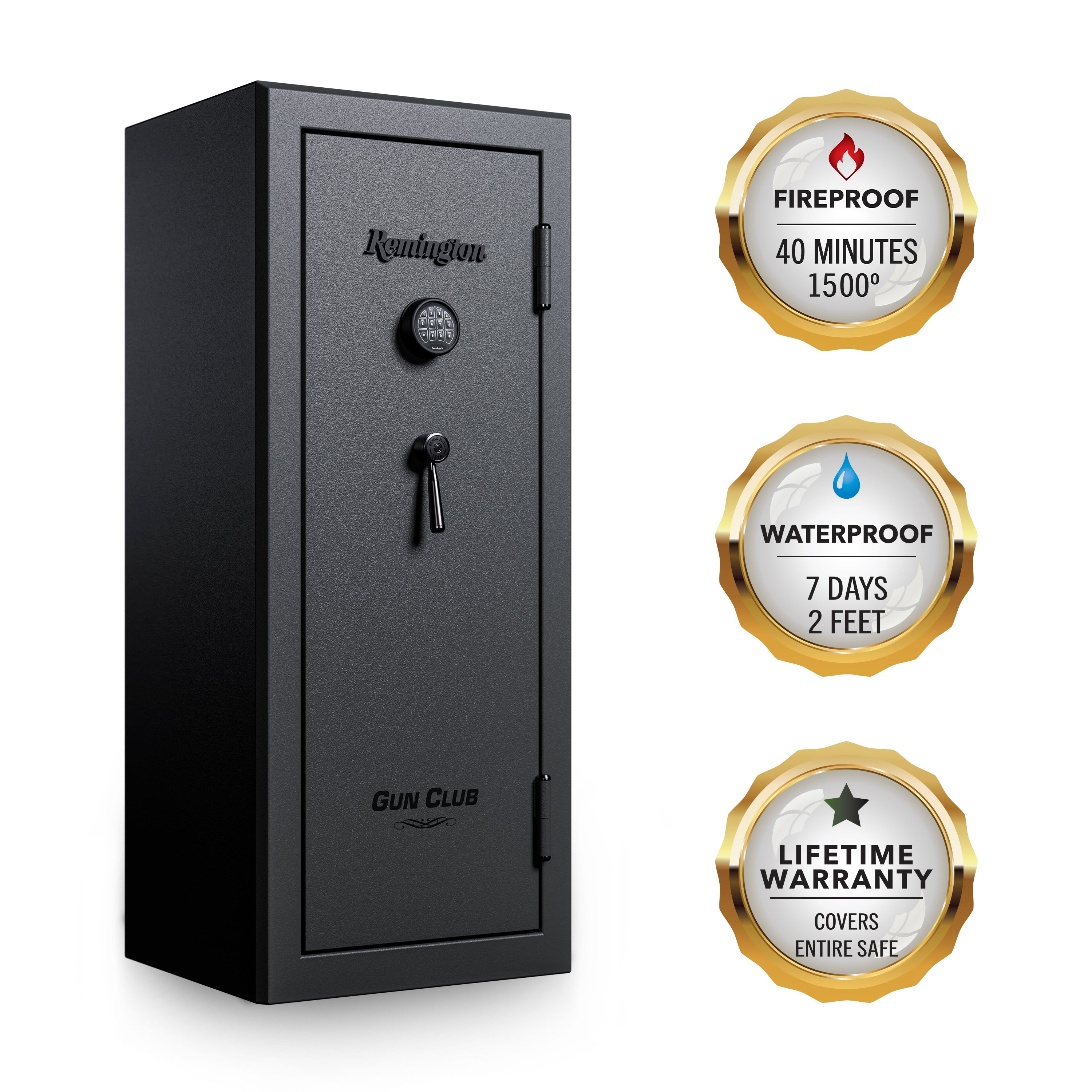 "Remington Gun Club 20 + 2-Gun Fireproof and Waterproof Gun Safe with Electronic Lock, Black Gloss Hammertone Finish	"