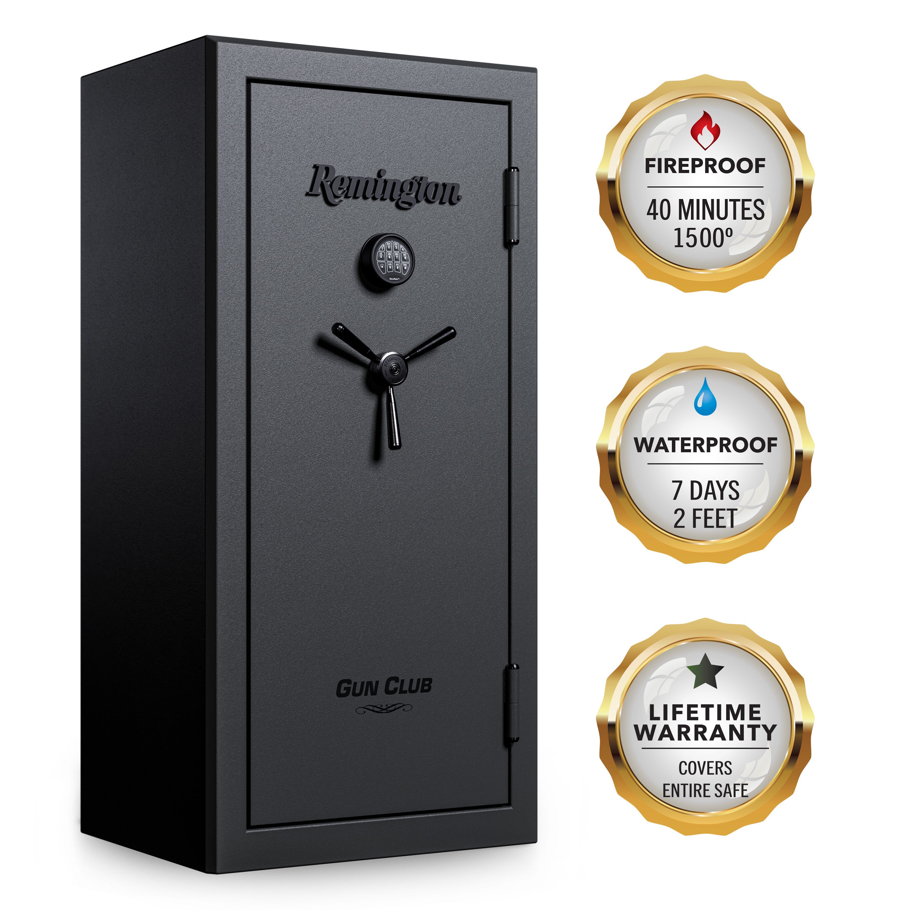 "Remington Gun Club 26 + 4-Gun Fireproof and Waterproof Gun Safe with Electronic Lock, Black Gloss Hammertone Finish	"